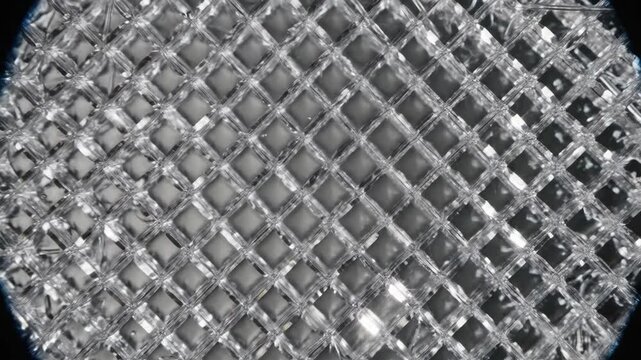 A super-macro shot where a "crystallization" wave (signal) instantly snaps disorganized, floating, rod-like particles (fibers) into a perfect, orderly, crystal lattice.