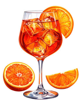 An elegant italian cynar spritz with its distinctive dark color and effervescent bubbles in a stemmed glass, isolated on white background