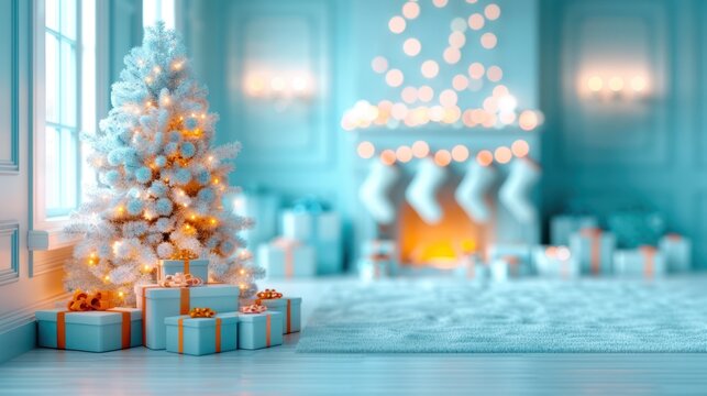 Cozy Christmas living room at night with glowing tree and moonlit snow outside