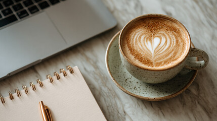 Flatlay of coffee cup laptop and notebook organized workspace creative productivity remote work concept morning routine focus inspiration cozy desk setup modern minimal aesthetic