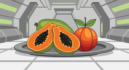 Illustration of papaya and mango on a plate in a futuristic room