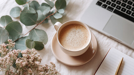 Flatlay of coffee cup laptop and notebook organized workspace creative productivity remote work concept morning routine focus inspiration cozy desk setup modern minimal aesthetic