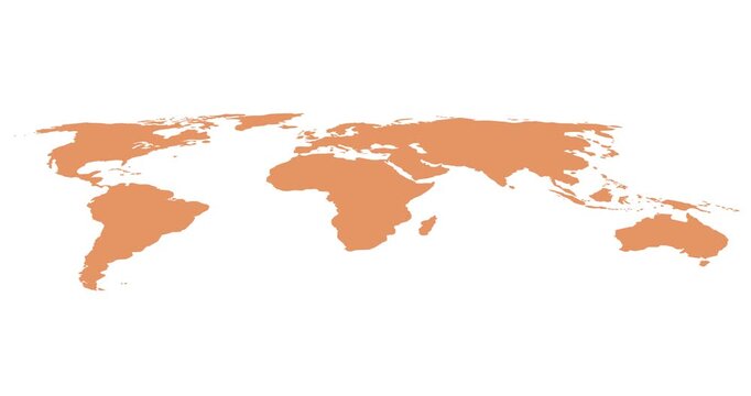 Design of a world map in orange, assembled by continents