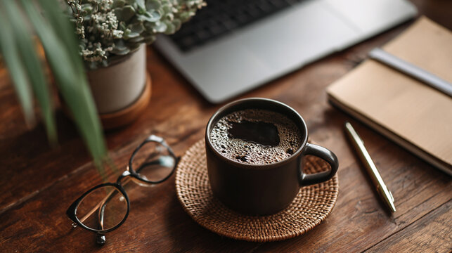 Flatlay of coffee cup laptop and notebook organized workspace creative productivity remote work concept morning routine focus inspiration cozy desk setup modern minimal aesthetic - Powered by Adobe
