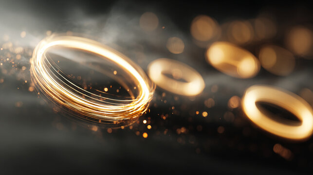 Floating glowing rings with motion blur, creating a dynamic, futuristic, and ethereal visual effect with vibrant light, movement, and abstract energy.
