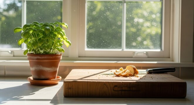 Fresh basil plant and cutting board bathed in warm sunlight by a kitchen window