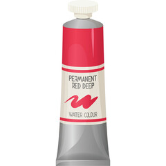 Bright Red Paint Tube With White Cap And Label Featuring Text And Abstract Design On Transparent Background