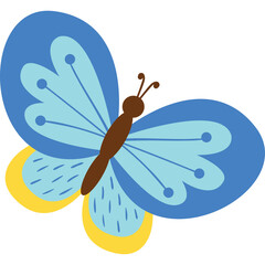 A charming cartoon butterfly with blue and yellow wings spread wide in flight illustration against a transparent background perfect for graphic design