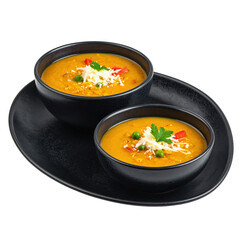 Hearty split pea soup in cups on a dark board, a traditional and comforting scandinavian appetizer or starter, often served with ham