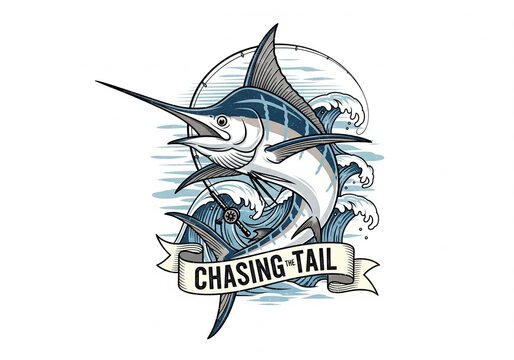 black white blue marlin as a print design on various media such as t-shirts, mugs, hats, tote bags, etc. for various events related to fishing hobbies, vintage cartoon flat design illustrations
