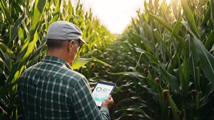 Smart Farmer Analyzing Crop Data on Tablet in Golden Cornfield - Powered by Adobe