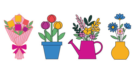Colorful flowers bouquets and potted plants vector illustration art