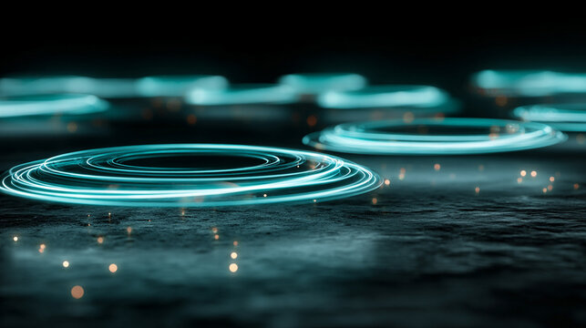 Floating glowing rings with motion blur, creating a dynamic, futuristic, and ethereal visual effect with vibrant light, movement, and abstract energy.
