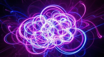 Abstract swirling neon light trails in vibrant purple and blue hues