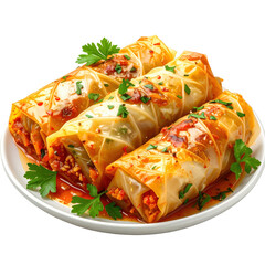 Hearty stuffed cabbage rolls with meat and rice, a traditional and comforting european dish, perfectly isolated on white background for a clean presentation