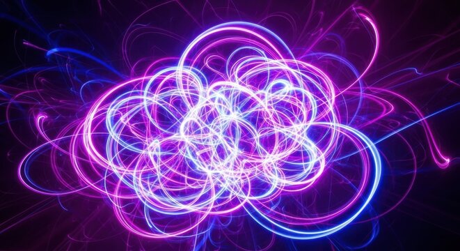 Abstract swirling neon light trails in vibrant purple and blue hues