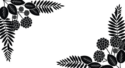 Black and white floral corner design with leaves and berry clusters
