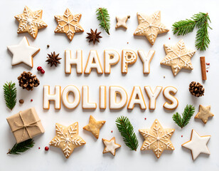 Flat lay of festive Christmas cookies spelling "Happy Holidays" on a bright white background, beautifully arranged with seasonal greenery and holiday spices