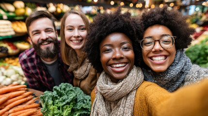 Group of friends happily taking selfie in vibrant market surrounded by fresh vegetables like carrots and kale. They are dressed warmly, suggesting chilly day
