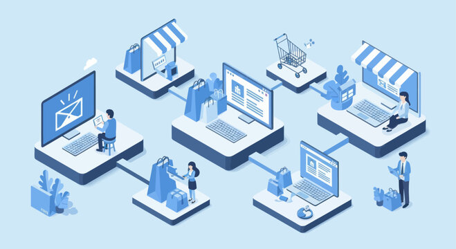 An isometric illustration of an e-commerce ecosystem with people shopping online, digital marketing, and logistics.