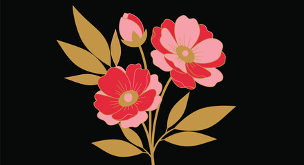 Red and pink floral art print on black background illustration