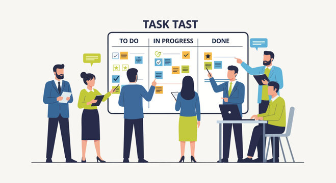 A team of professionals collaborating on a task board, reviewing progress and planning next steps in a modern office setting.