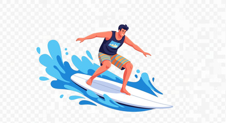 Happy Man Surfing Vector Illustration - Summer Beach Activity Flat Design