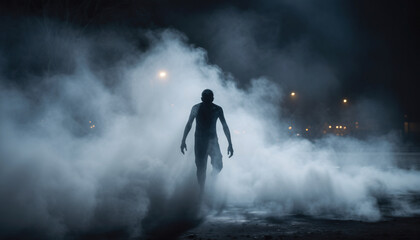 Obraz premium Silhouette of a person walking through thick smoke at night.
