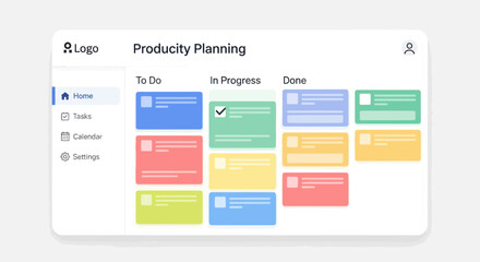 Clean user interface displaying a productivity planning board with various colored task cards.