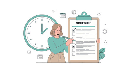 A woman is meticulously organizing her day by checking off tasks on a large clipboard schedule, with a prominent clock symbolizing time management.