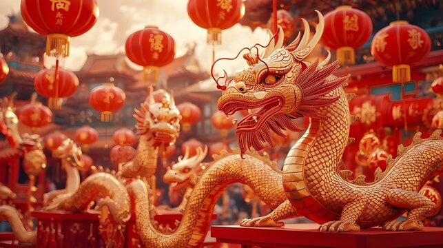 Chinese new year lanterns with golden dragon decoration