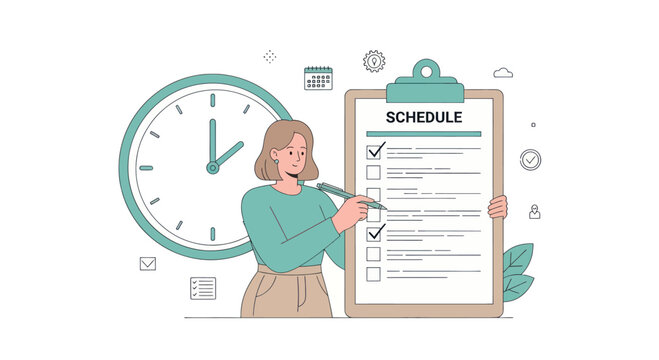 A woman is meticulously organizing her day by checking off tasks on a large clipboard schedule, with a prominent clock symbolizing time management.