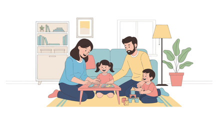 A family of four, including mother, father, daughter and son, are playing together on the floor in their living room.