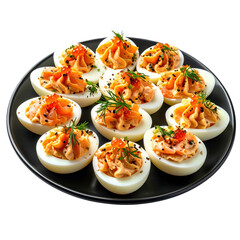 Luxurious salmon-stuffed eggs, a simple yet elegant party appetizer, arranged on a dark surface and cleanly isolated on white background with copy space
