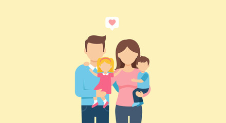 A loving family of four, parents holding their young children, with a heart icon above.