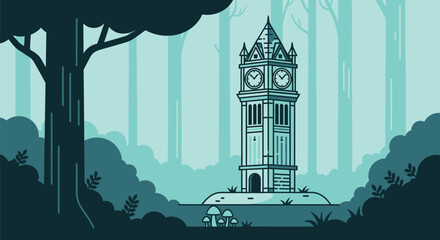 Clock tower in forest illustration vector design background art
