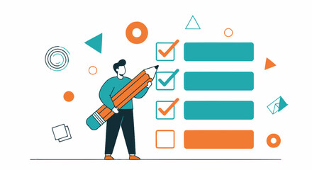 A man with a giant pencil marks completed tasks on a large checklist, symbolizing productivity and goal achievement.