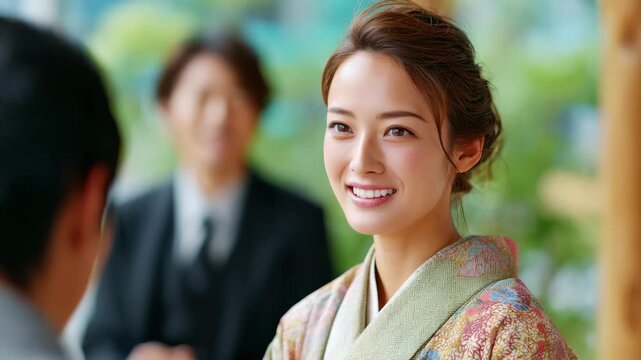 Young woman kimono smiling business meeting. international business etiquette woman smiling traditional kimono formal meeting