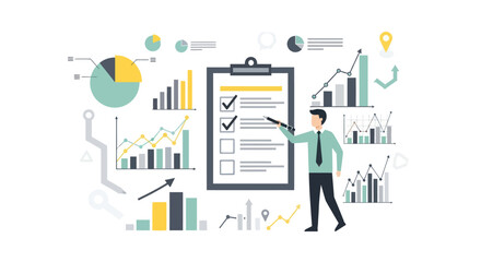 A businessman points at a checklist on a clipboard surrounded by various data charts and graphs.