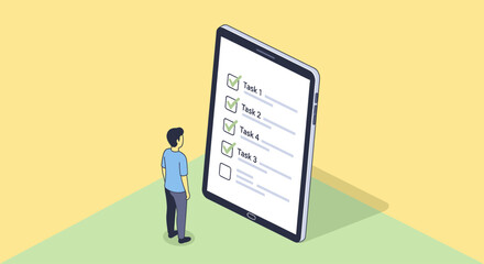 A person stands before a large digital tablet displaying a to-do list with several completed and one pending task.