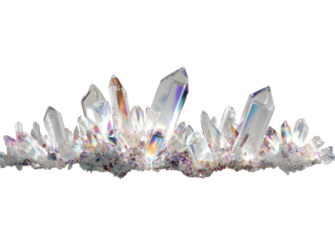 Quartz cluster with iridescent sheen against black background