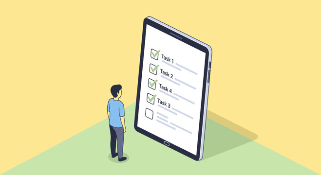 A person stands before a large digital tablet displaying a to-do list with several completed and one pending task.