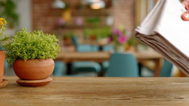 Indoor plant clay pot wooden table cafe setting with white linen napkin folded and fresh napkin held inviting professional