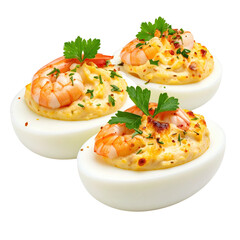 Classic stuffed eggs with shrimp isolated on white background, an elegant and creamy appetizer, perfect for parties and special occasions
