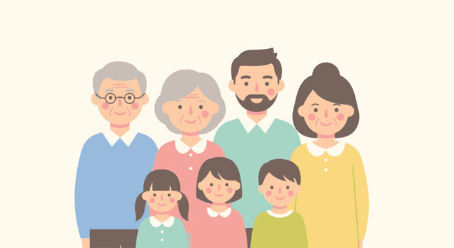 Illustration of a multi-generational family, including grandparents, parents, and three children, smiling and posing together.
