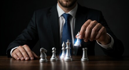 Strategic Move: An individual in a sharp suit makes a calculated chess move, symbolizing strategic decision-making and calculated risks in business or life.