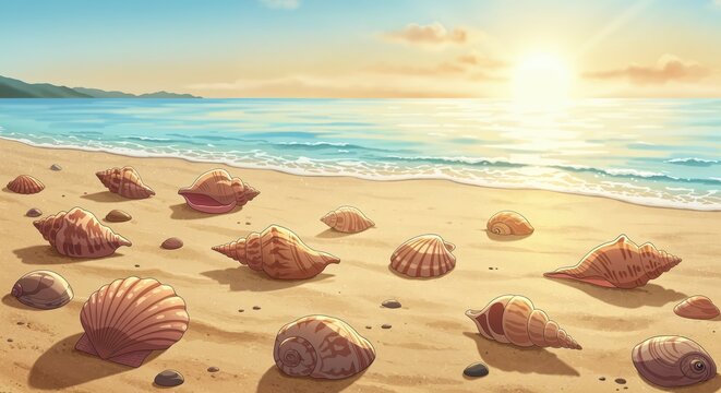 Seashells on the Shore: A collection of exquisite seashells, gently scattered across a sun-kissed sandy beach, evokes a sense of tranquility and the mesmerizing beauty of the ocean.