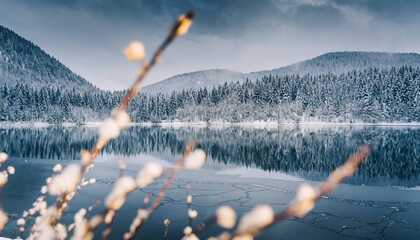 Snowy forest landscape reflected in a calm winter lake.