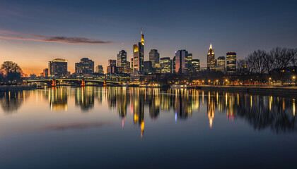 Fototapeta premium City skyline with river reflection at dusk.