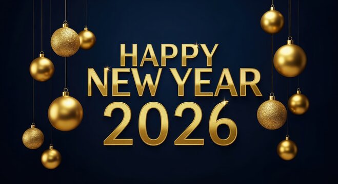 New Year Wishes for 2026: Elegant golden ornaments dance in the soft shadows, framing a welcoming message against a deep background, symbolizing fresh starts and optimistic future.